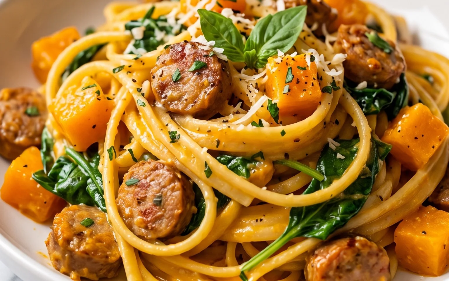 Creamy Roasted Butternut Squash Pasta with Sausage and Spinach